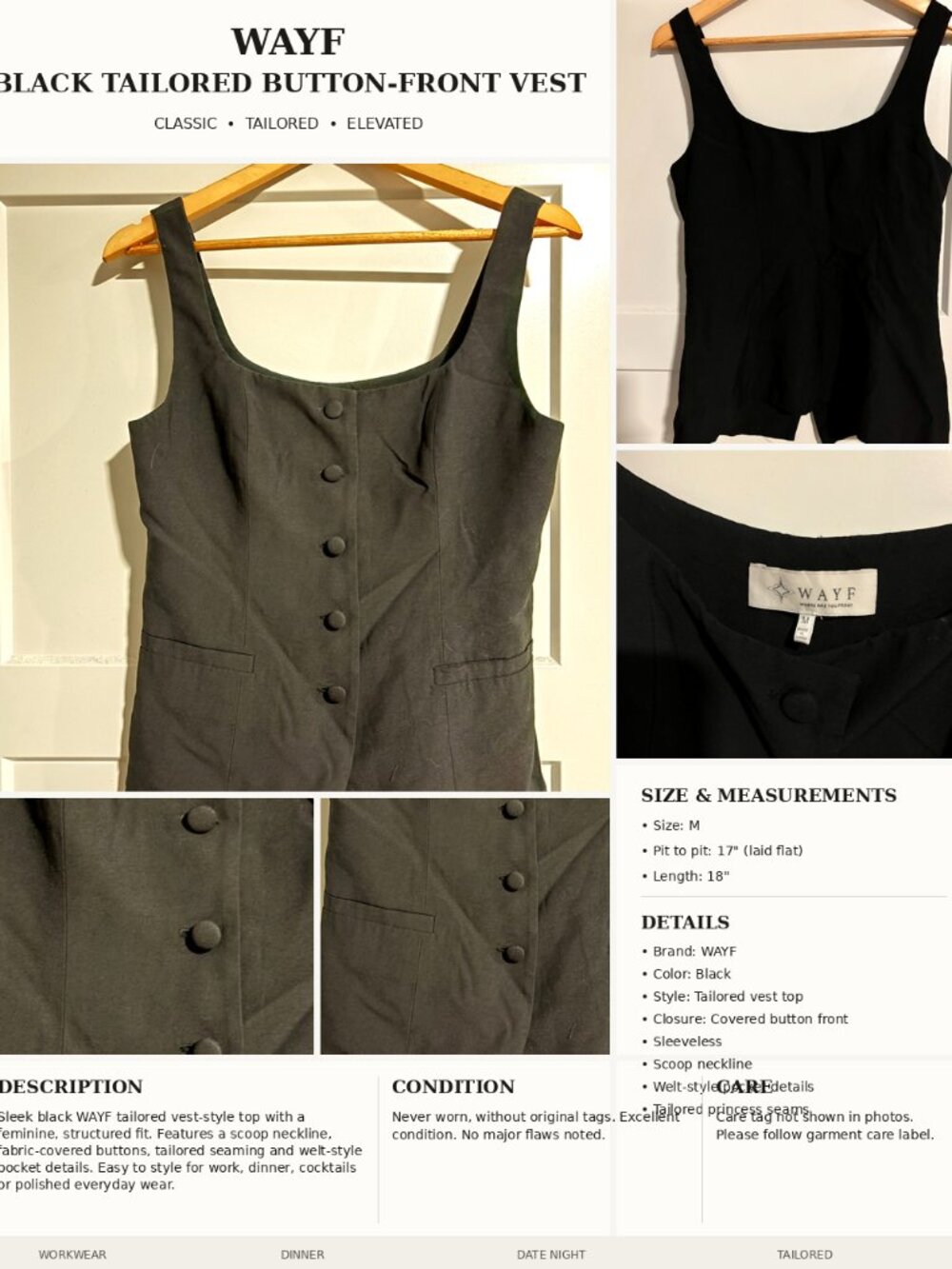 WAYF Black Tailored Button Front Romper Size M Sleeveless Vest Style